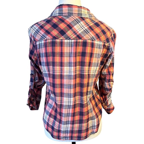 Forever 21 Womens Plaid Button-Up Shirt Sz M Coral & Navy Casual Western Top - Picture 2 of 9
